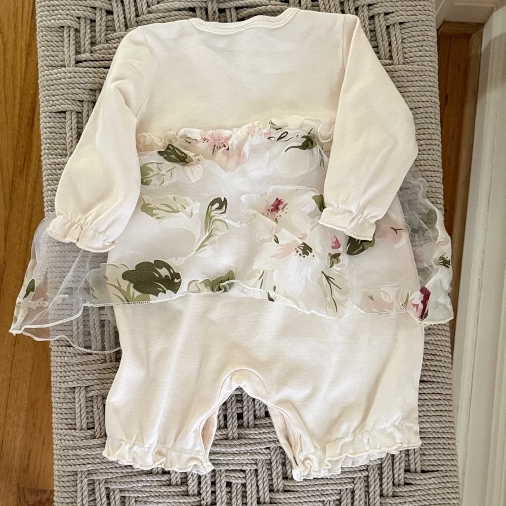 Tesa Babe Floral Romper 6-12M Ivory Pink Bow Sheer Ruffle